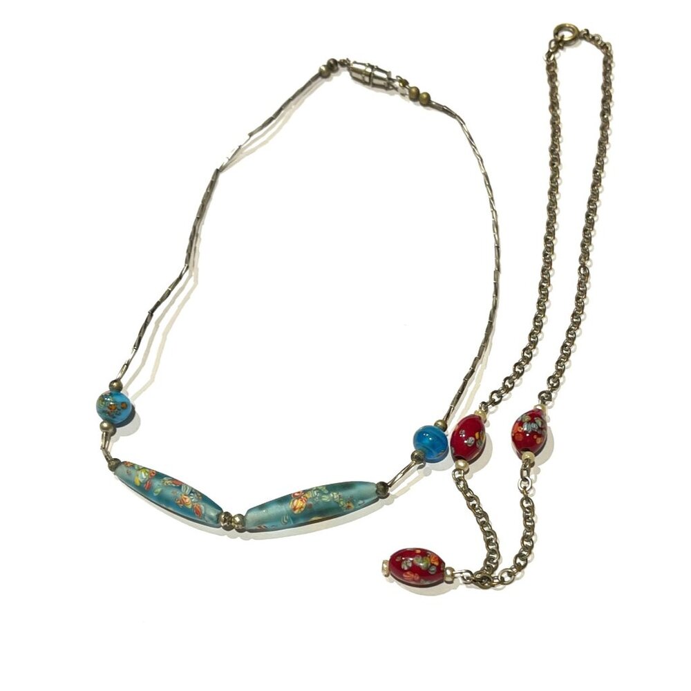 Vintage Silver Beaded Venetian Murano Millefiori Necklace Lot Blue and Red - Picture 2 of 10
